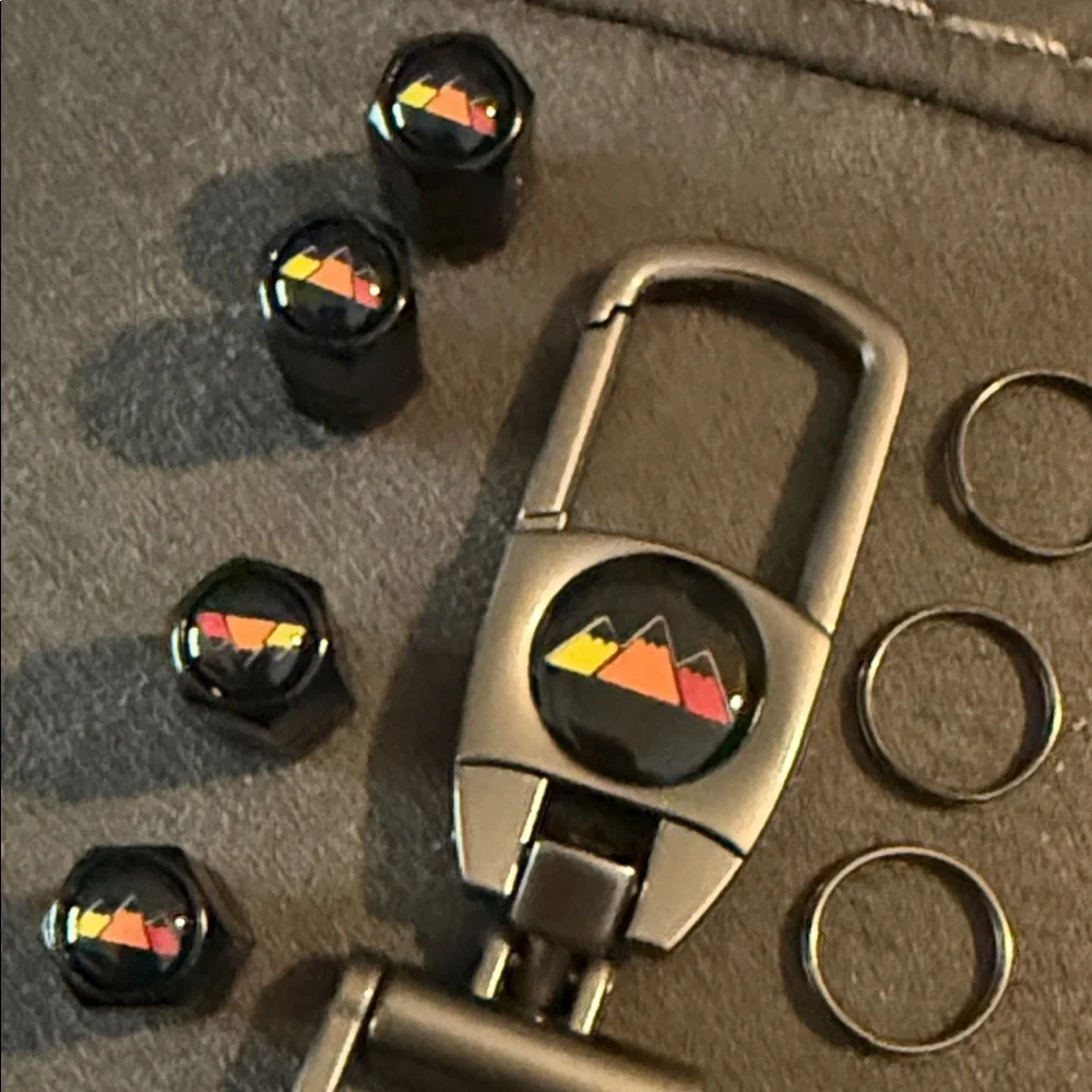 Mountain Emblem Keychain and Tire Valve Caps Set - Black